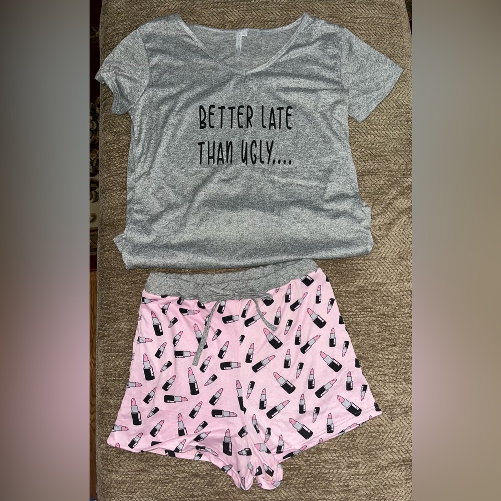 Women’s Short Pajamas, Small, Lipsticks, Pink, blk & gray, Better Late Than Ugly